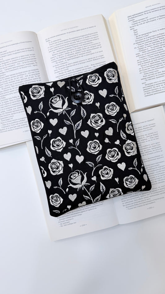 Embroidery Gothic Roses Book Sleeve – Handmade Padded Linen Cover for Books and E-Readers