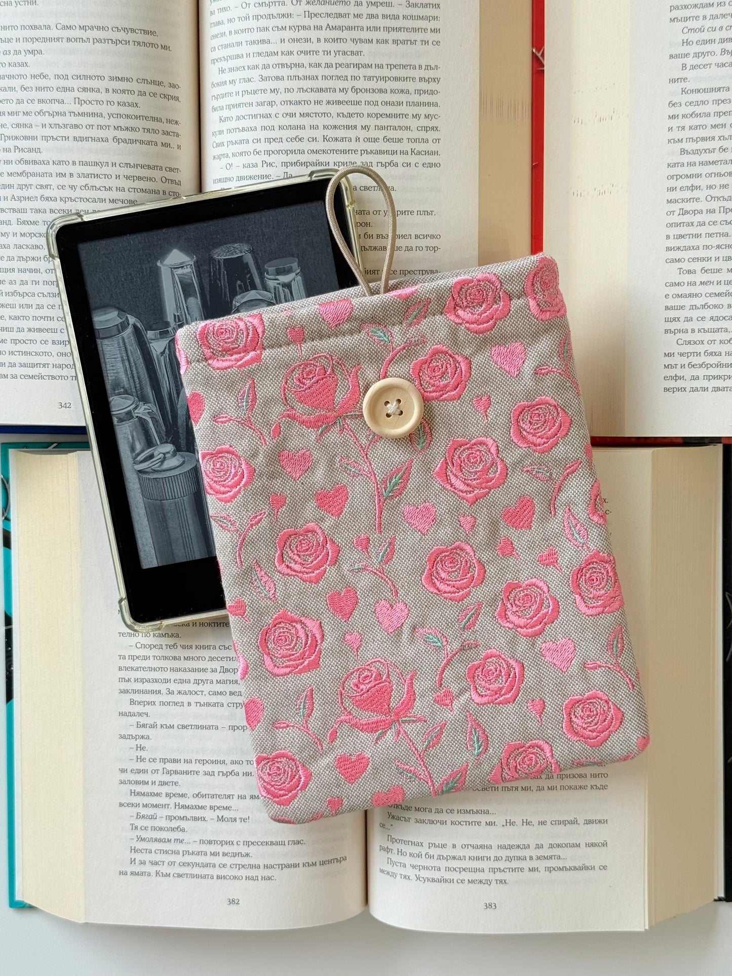 Handmade Embroidery Pink Roses Kindle Sleeve – Linen Padded E-Reader Cover, Floral Book Protector