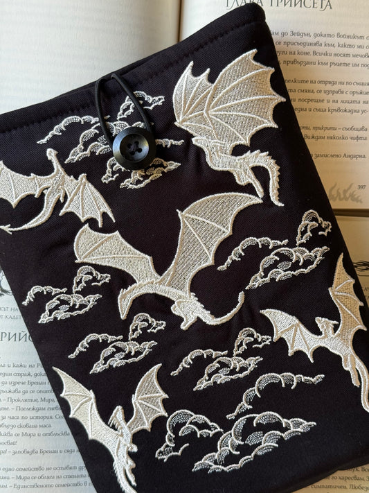Handmade Gold Embroidery Dragons Book Sleeve – Fantasy Padded Fabric Cover for Books, Kindle & E-Readers