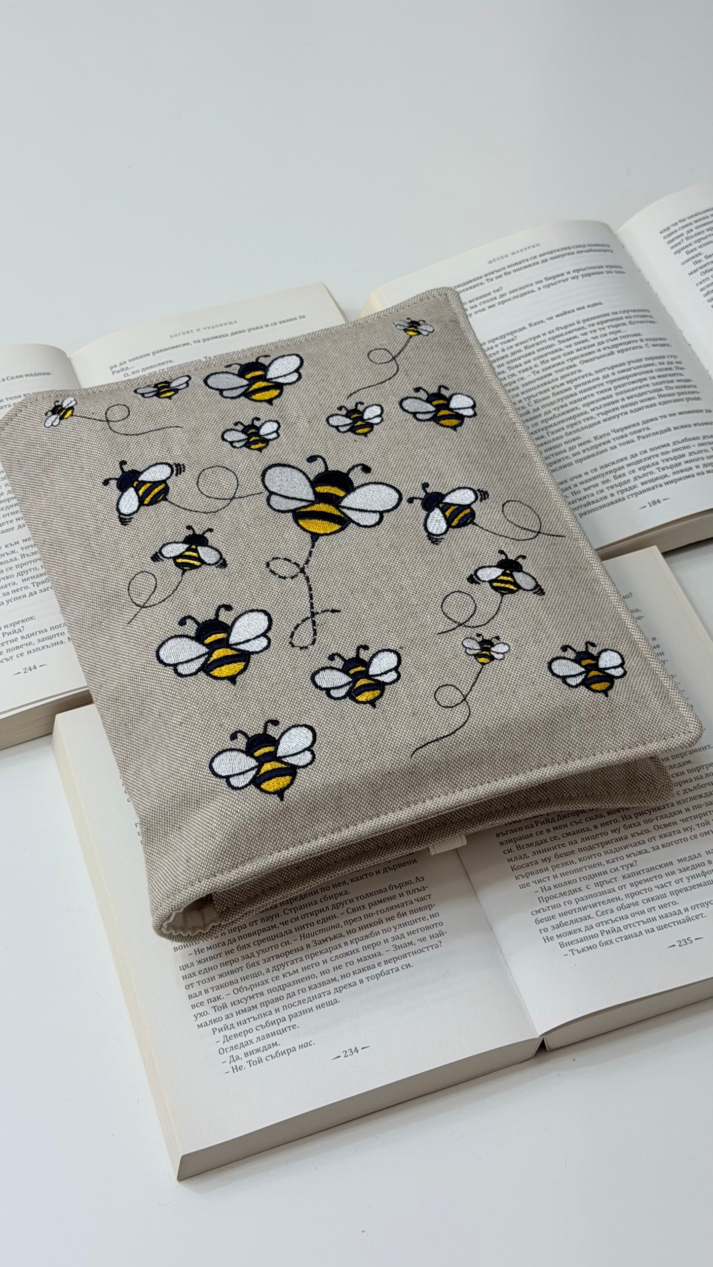 Embroidery Bumblebee Double Book Cover – Handmade Padded Sleeve for Two Books with Elastic Closure