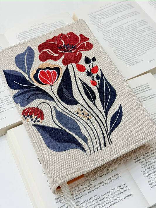 Embroidery Elegant Flower Adjustable Book Cover β Floral Handmade Padded Book Sleeve with Elastic Closure