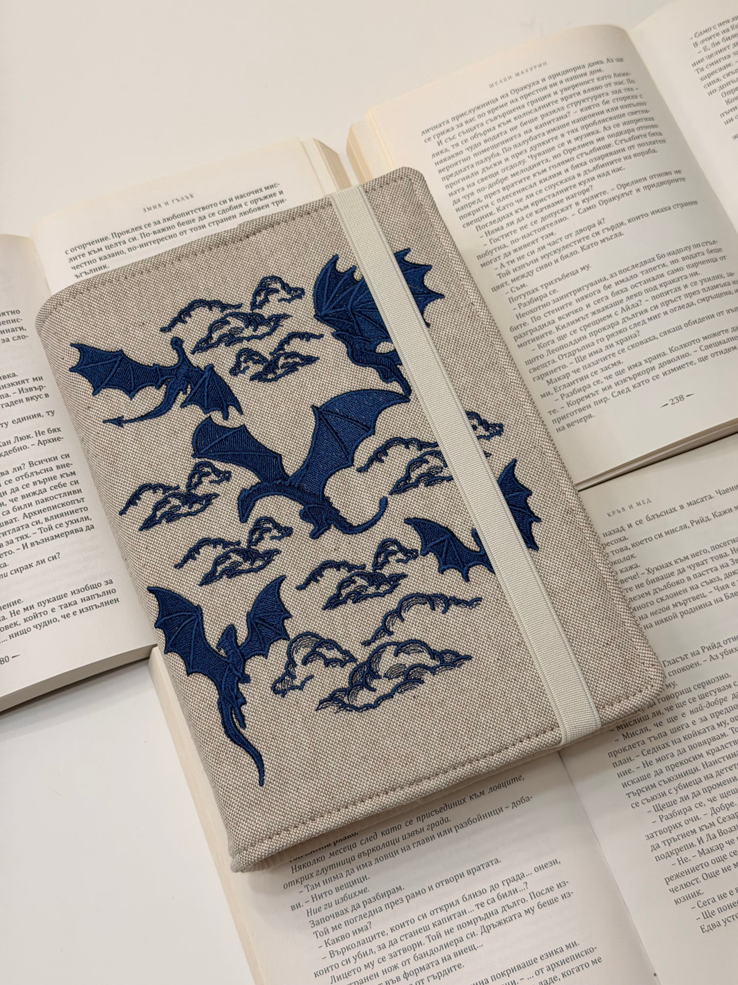 Embroidery Dragons Adjustable Book Cover – Handmade Padded Linen Sleeve with Elastic Closure