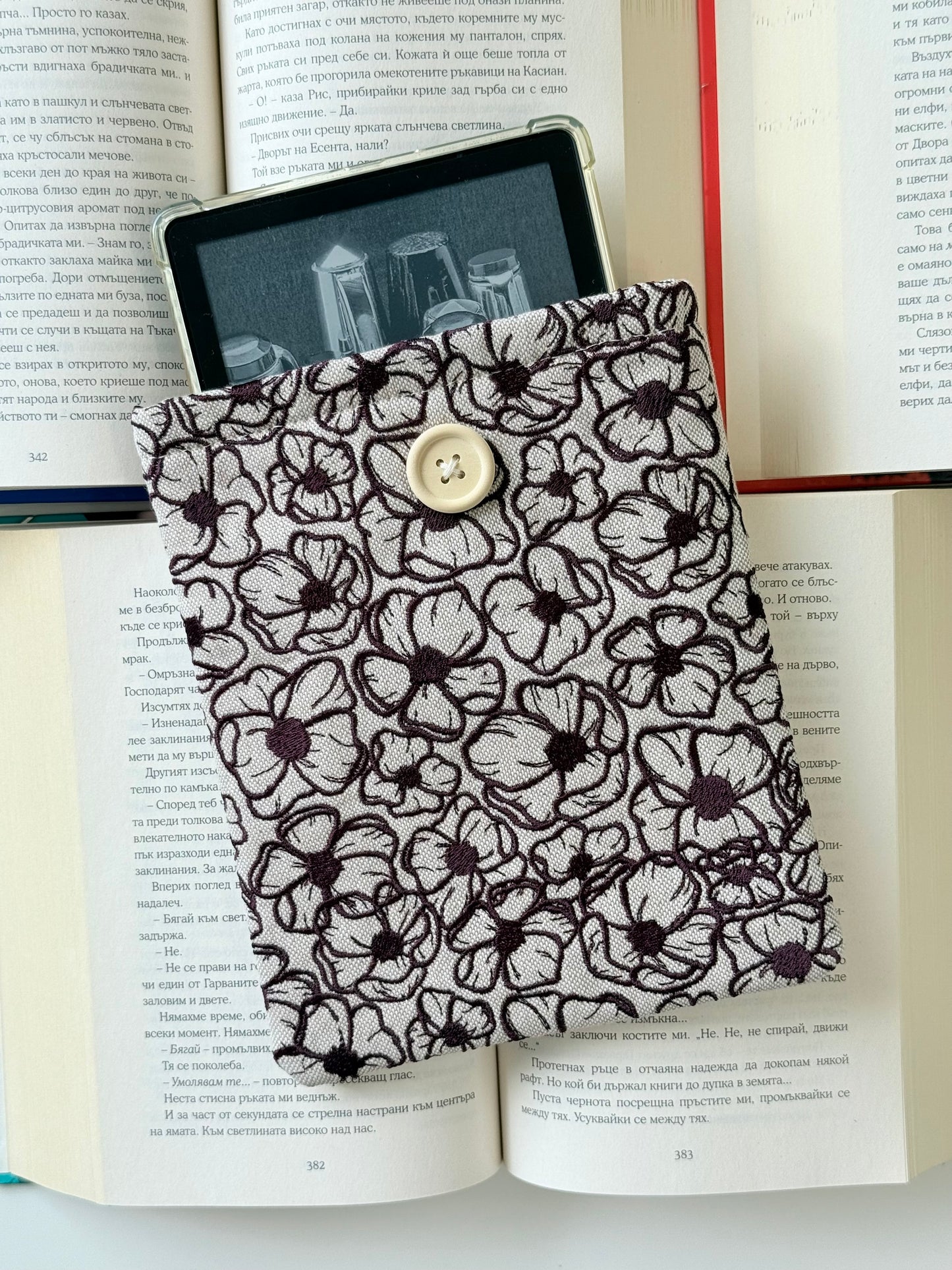 Handmade Dark Purple Embroidery Flowers Kindle Sleeve – Padded Fabric E-Reader Cover, Floral Book Protector