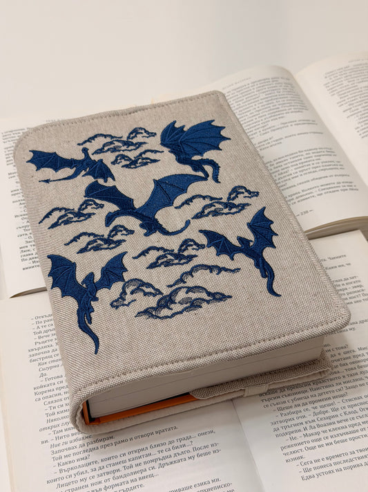 Embroidery Dragons Adjustable Book Cover β Handmade Padded Linen Sleeve with Elastic Closure