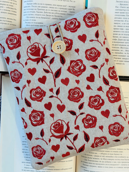 Handmade Embroidery Red Roses Book Sleeve, Fabric Book Protector