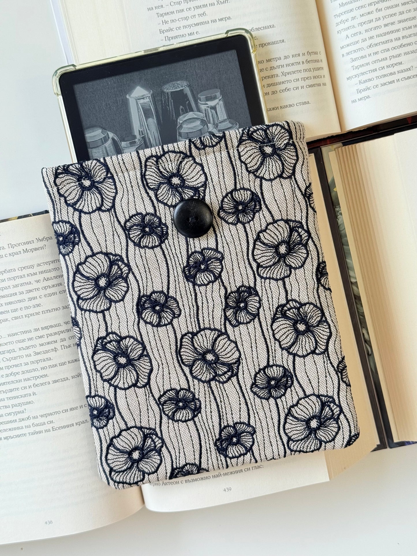 Handmade Embroidery Poppy Flower Kindle Sleeve – Padded E-Reader Protector, Floral Book Cover