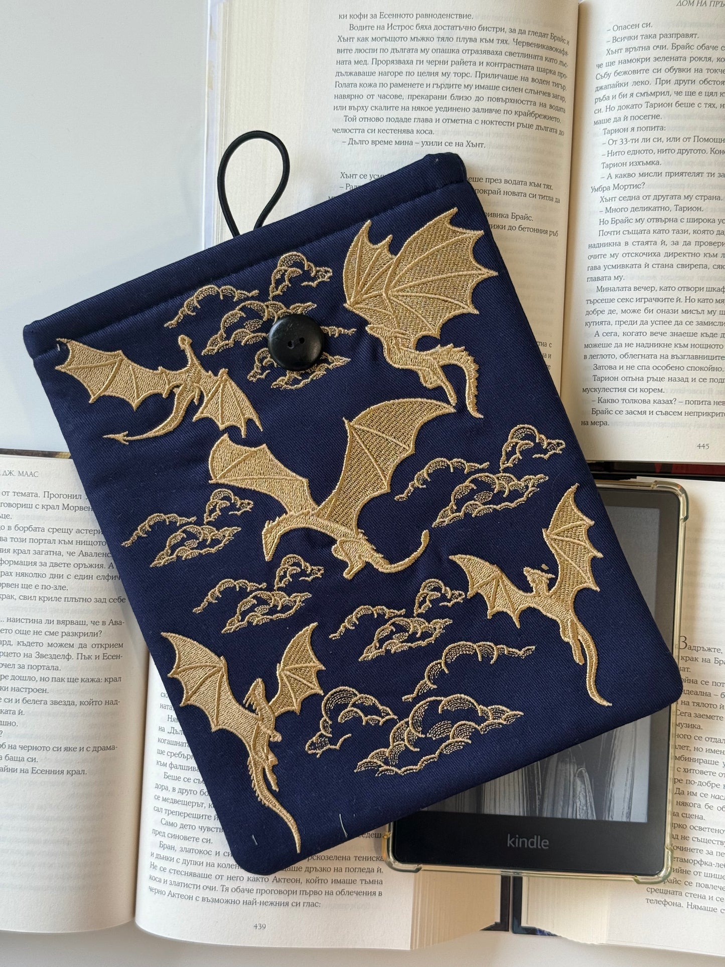 Handmade Gold Embroidery Dragons Book Sleeve – Padded Fabric Cover for Books, Kindle & E-Readers