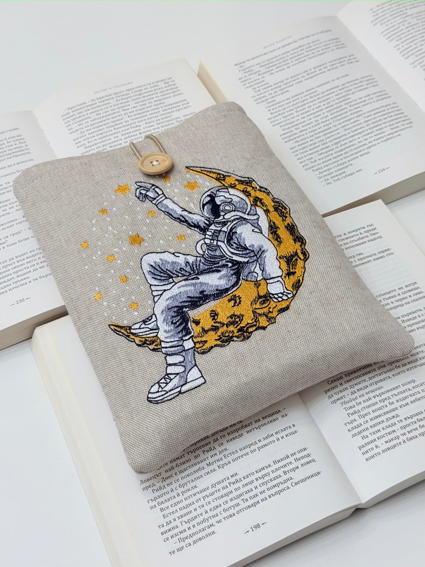 Embroidered Astronaut Book Sleeve – Padded Linen Book Cover, Cosmic Moon & Stars Design by Lullaby Crafts World