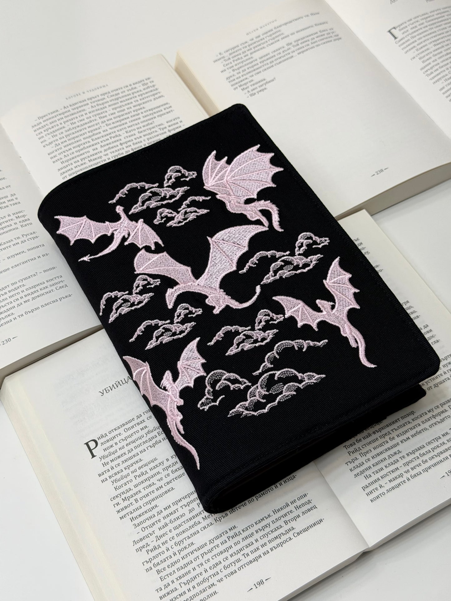 Dragons Embroidery Adjustable Book Cover – Handmade Padded Fantasy Book Sleeve