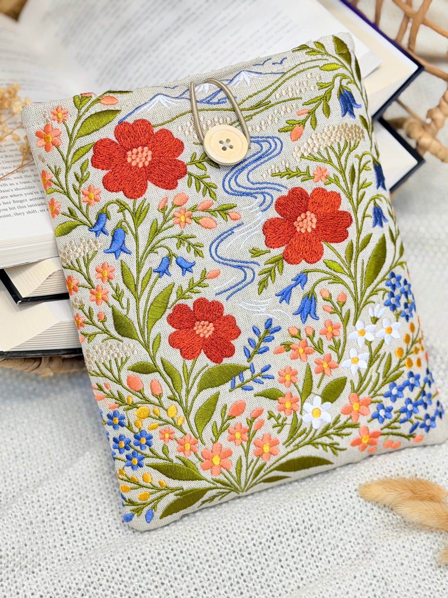 Embroidered Floral Book Sleeve with Mountain & River Design