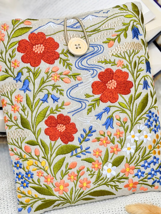 Embroidered Floral Book Sleeve with Mountain & River Design