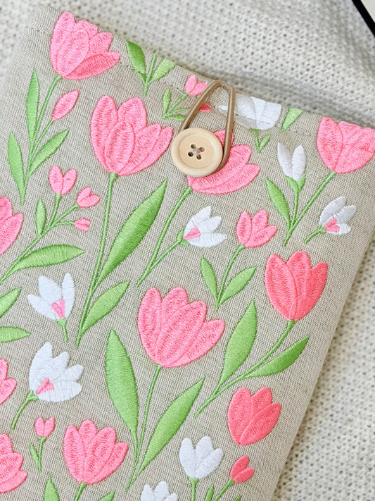 Embroidered Tulip Book Sleeve Pink Floral Design