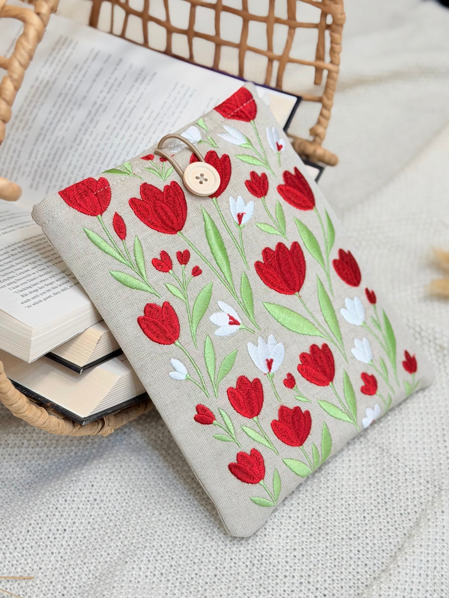 Embroidered Tulip Book Sleeve Red Floral Design