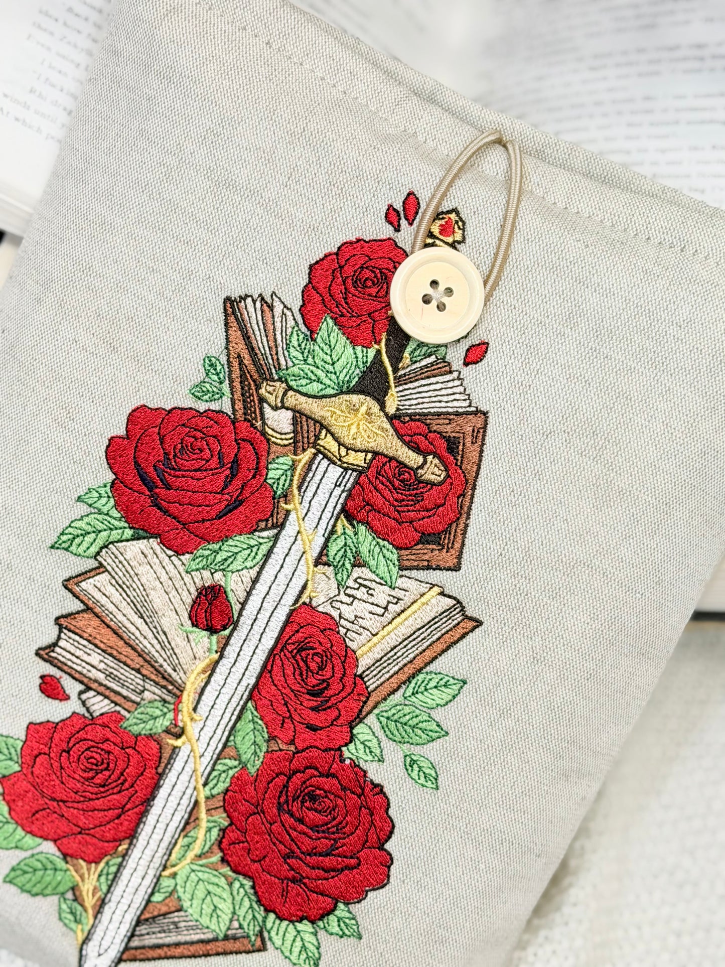 Embroidered Sword & Roses Book Sleeve Fantasy Floral Design