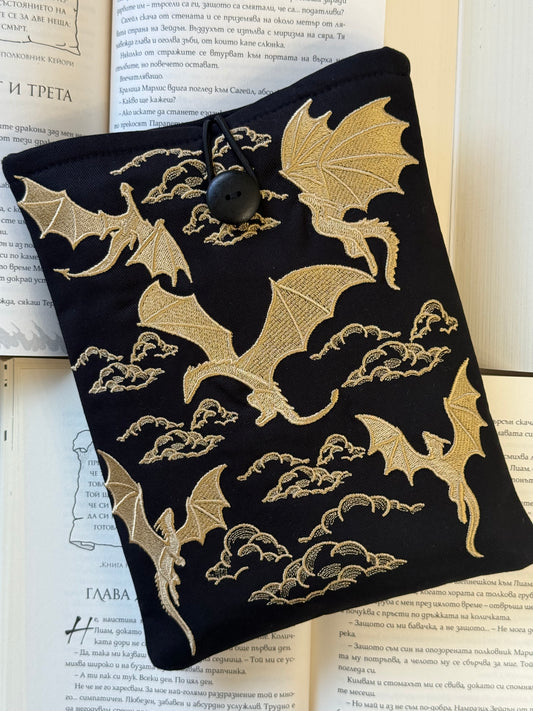 Handmade Gold Embroidery Dragons Book Sleeve – Padded Fabric Cover for Books, Kindle & E-Readers