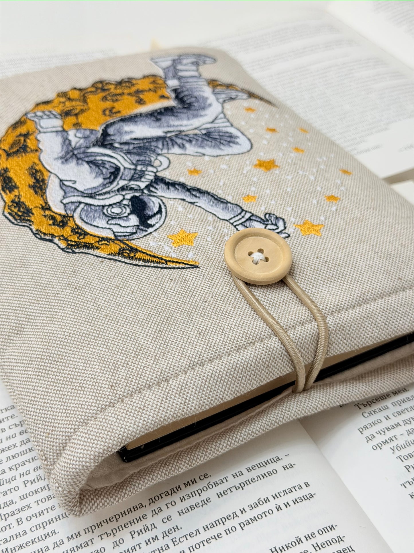 Embroidered Astronaut Book Sleeve – Padded Linen Book Cover, Cosmic Moon & Stars Design by Lullaby Crafts World