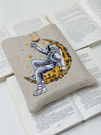 Embroidered Astronaut Book Sleeve – Padded Linen Book Cover, Cosmic Moon & Stars Design by Lullaby Crafts World