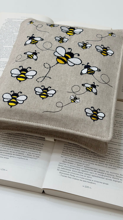 Embroidery Bumblebee Double Book Cover – Handmade Padded Sleeve for Two Books with Elastic Closure
