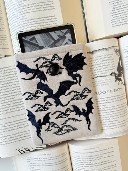 Handmade Linen Embroidery Dragons Kindle Sleeve – Padded E-Reader Cover, Fabric Book Protector