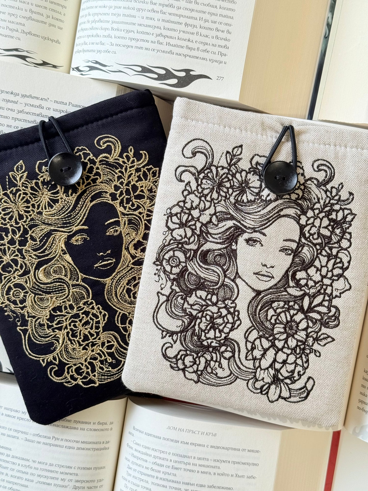 Fairytale Flower Girl Embroidery Kindle Sleeve – Padded E-Reader Protector, Floral Book Cover