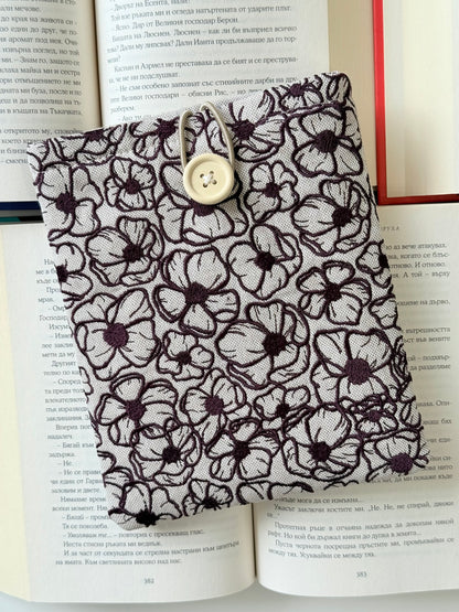 Handmade Dark Purple Embroidery Flowers Kindle Sleeve – Padded Fabric E-Reader Cover, Floral Book Protector