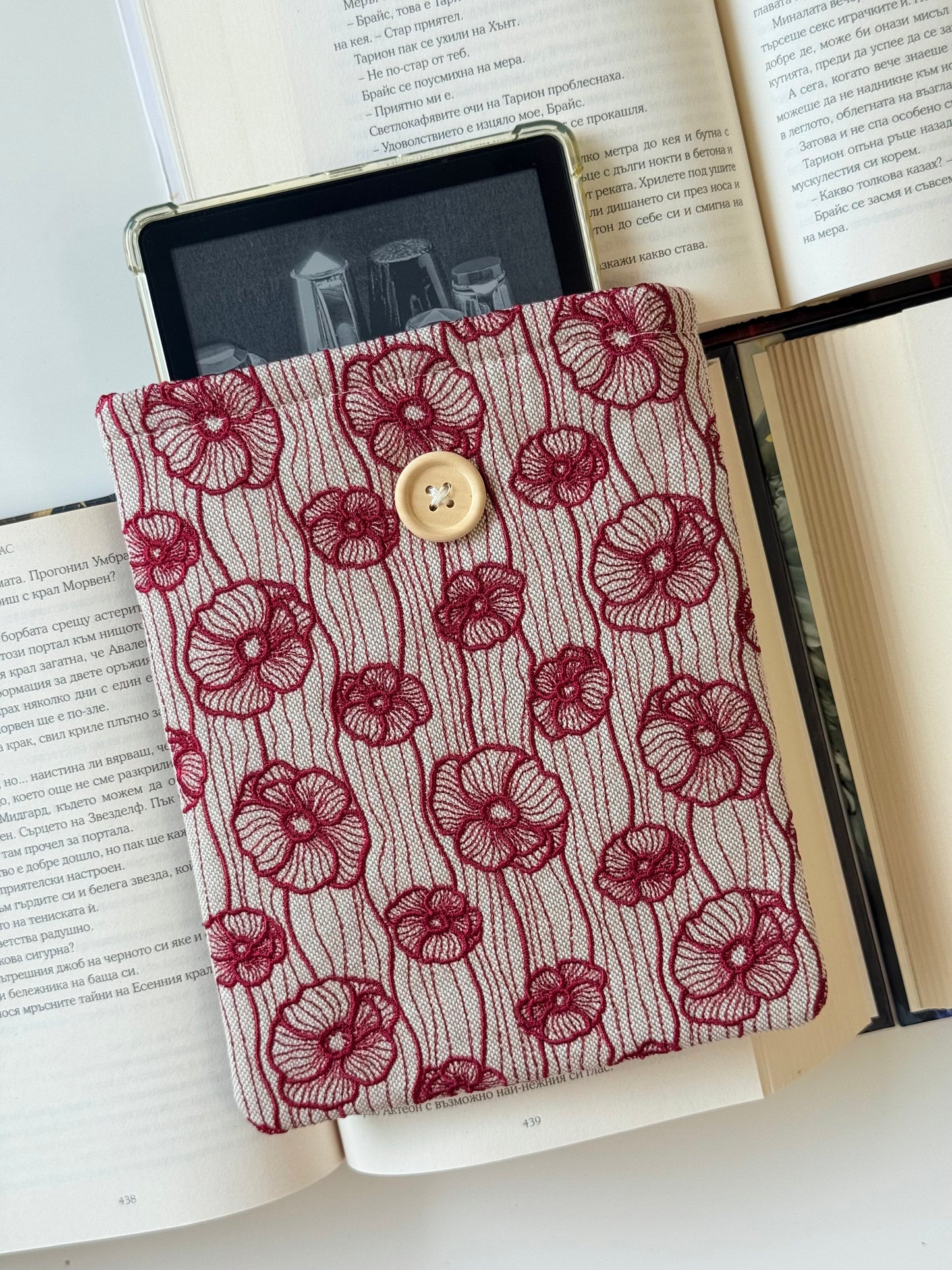 Handmade Dark Red Embroidery Poppy Flower Kindle Sleeve – Padded E-Reader Protector, Floral Book Cover