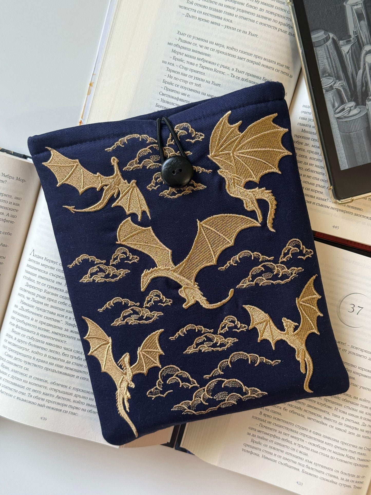 Handmade Embroidery Navy Gold Dragons Kindle Sleeve – Padded E-Reader Cover, Fabric Book Protector