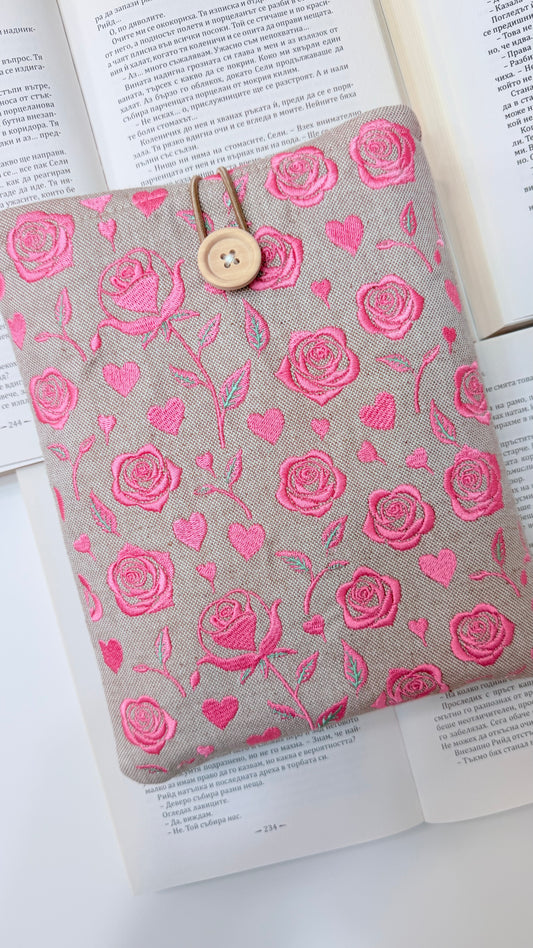 Pink Embroidery Roses Book Sleeve – Handmade Padded Linen Cover for Books and E-Readers