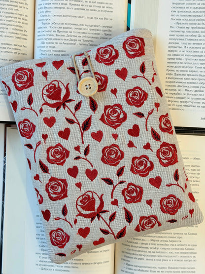 Handmade Embroidery Red Roses Book Sleeve, Fabric Book Protector