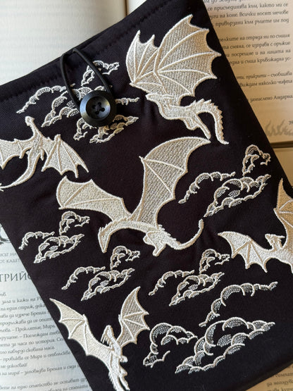 Handmade Gold Embroidery Dragons Book Sleeve – Fantasy Padded Fabric Cover for Books, Kindle & E-Readers