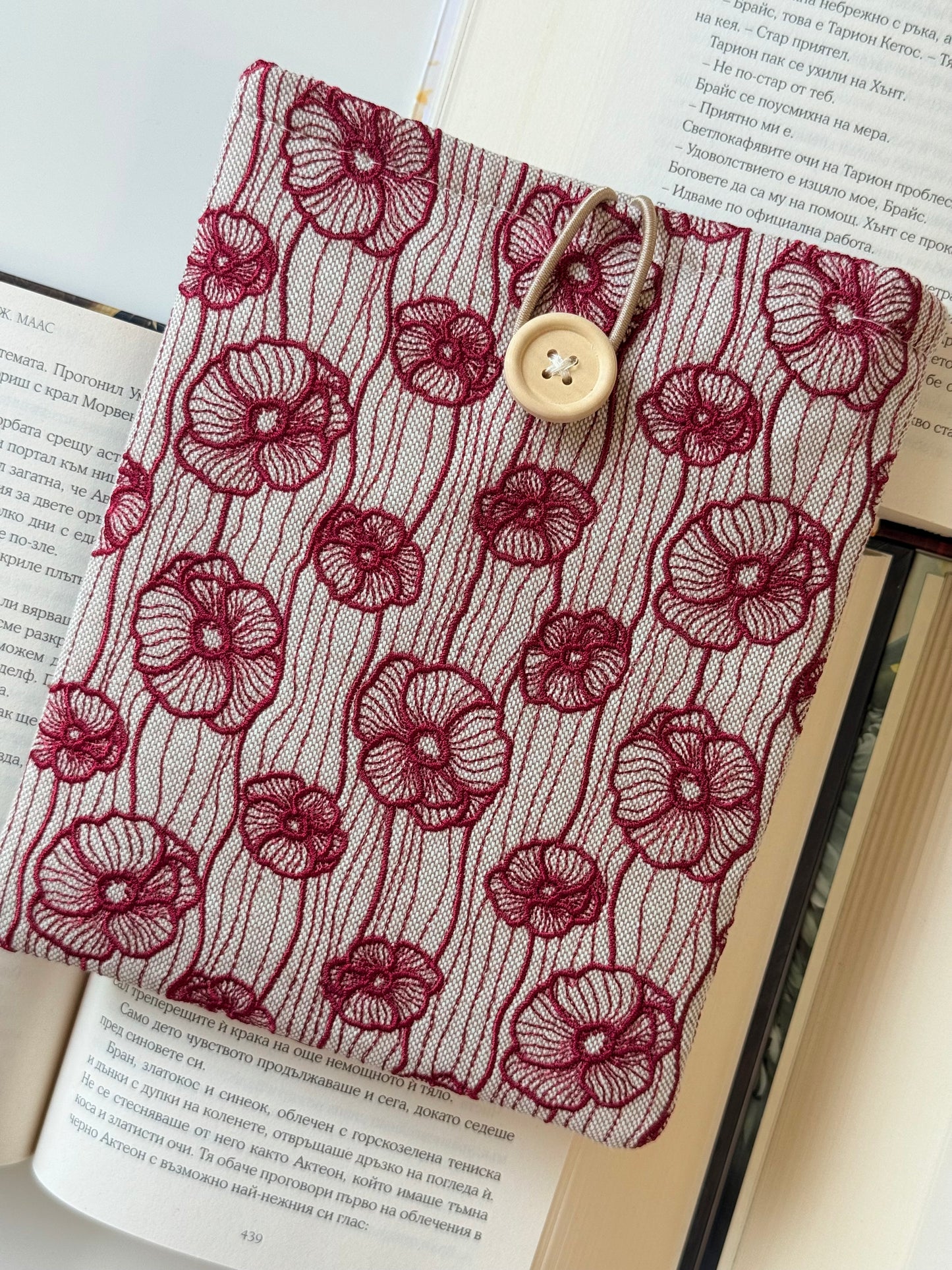 Handmade Dark Red Embroidery Poppy Flower Kindle Sleeve – Padded E-Reader Protector, Floral Book Cover