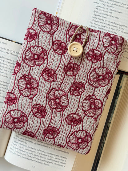 Handmade Dark Red Embroidery Poppy Flower Kindle Sleeve – Padded E-Reader Protector, Floral Book Cover