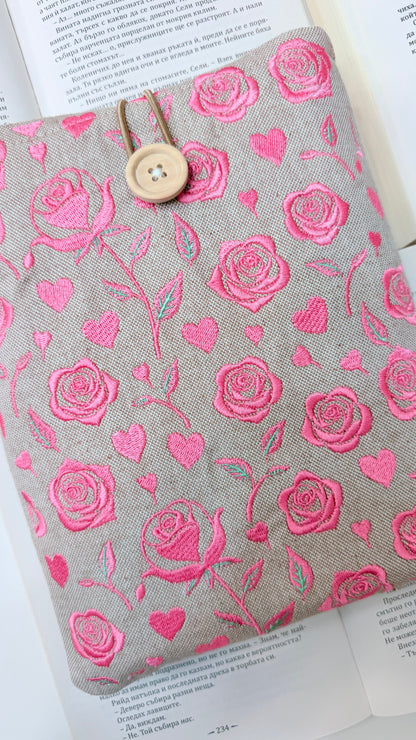 Pink Embroidery Roses Book Sleeve – Handmade Padded Linen Cover for Books and E-Readers