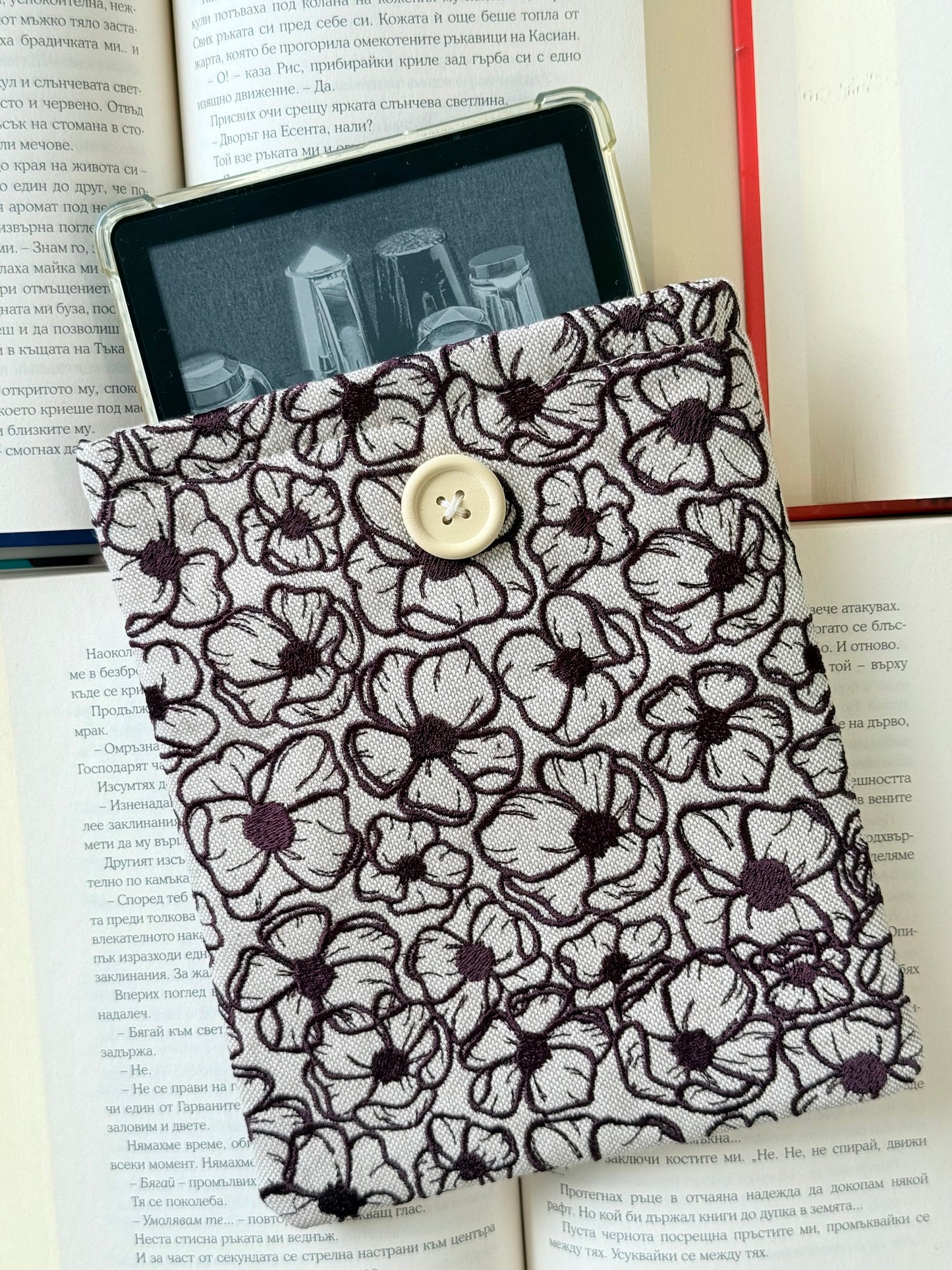 Handmade Dark Purple Embroidery Flowers Kindle Sleeve – Padded Fabric E-Reader Cover, Floral Book Protector