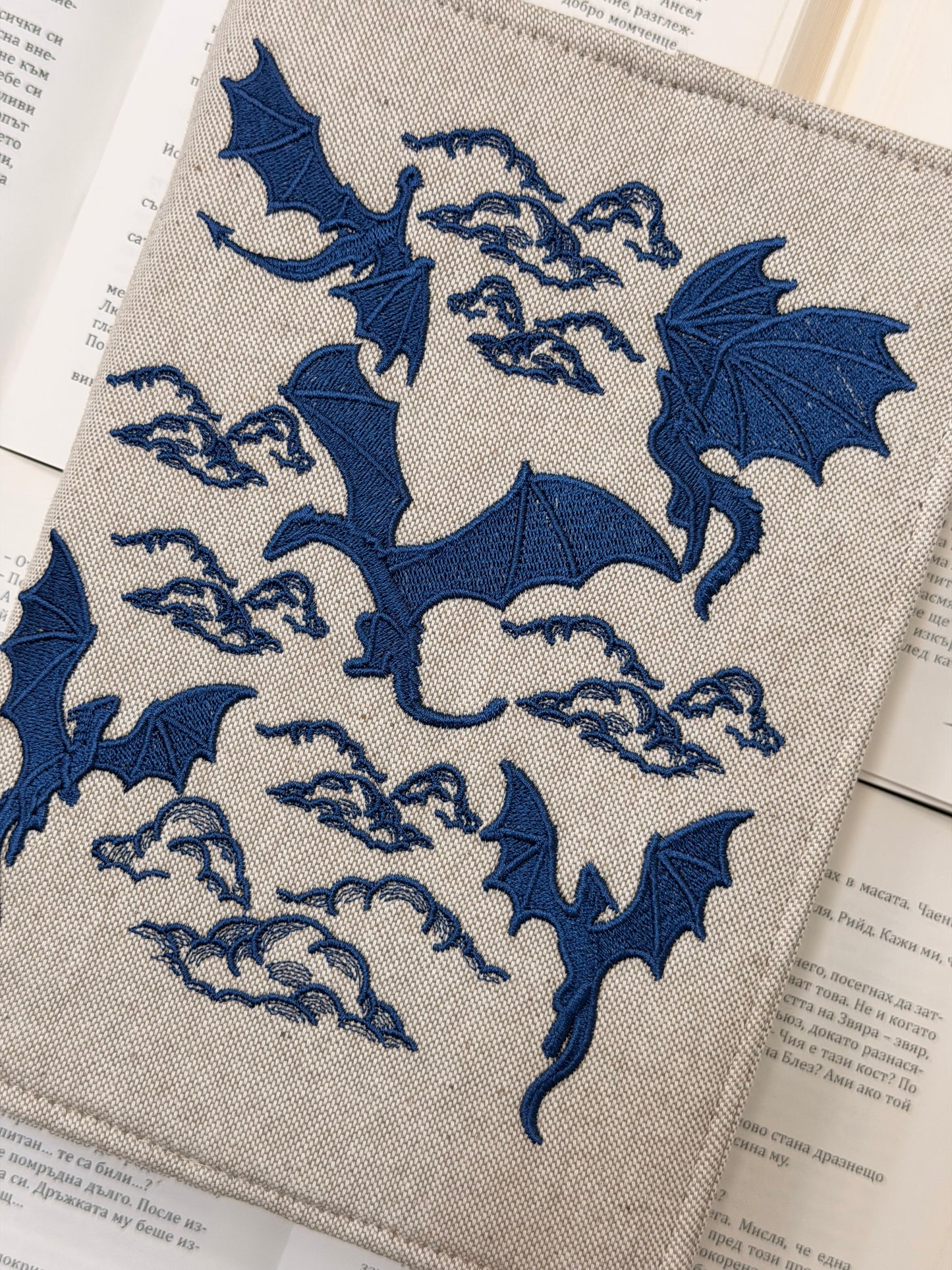 Embroidery Dragons Adjustable Book Cover – Handmade Padded Linen Sleeve with Elastic Closure