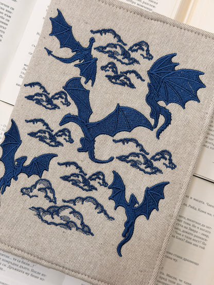 Embroidery Dragons Adjustable Book Cover – Handmade Padded Linen Sleeve with Elastic Closure
