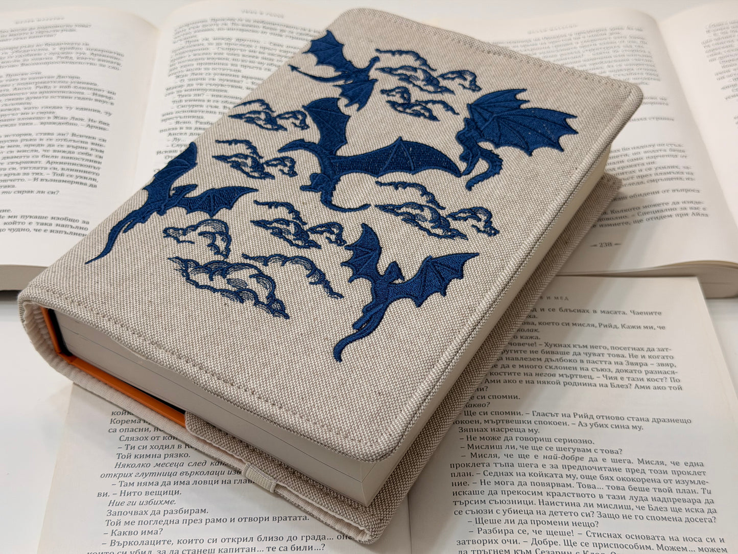 Embroidery Dragons Adjustable Book Cover – Handmade Padded Linen Sleeve with Elastic Closure