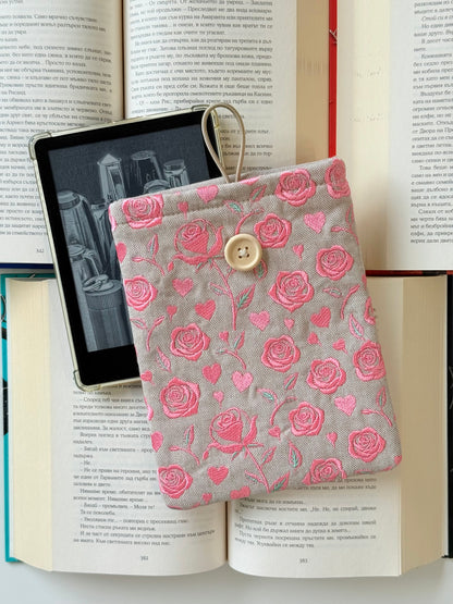 Handmade Embroidery Pink Roses Kindle Sleeve – Linen Padded E-Reader Cover, Floral Book Protector