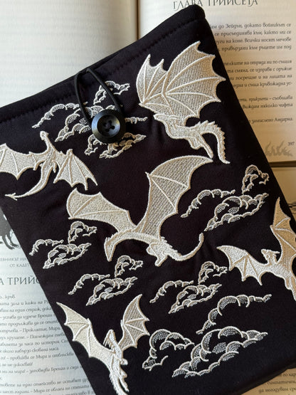 Handmade Gold Embroidery Dragons Book Sleeve – Fantasy Padded Fabric Cover for Books, Kindle & E-Readers