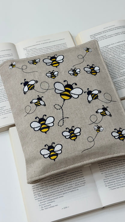 Embroidery Bumblebee Double Book Cover – Handmade Padded Sleeve for Two Books with Elastic Closure