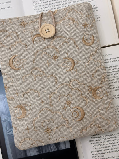 Embroidery Celestial Kindle Sleeve, Moon and Stars Padded E-Reader Cover | Handmade Book Sleeve by Lullaby Crafts World