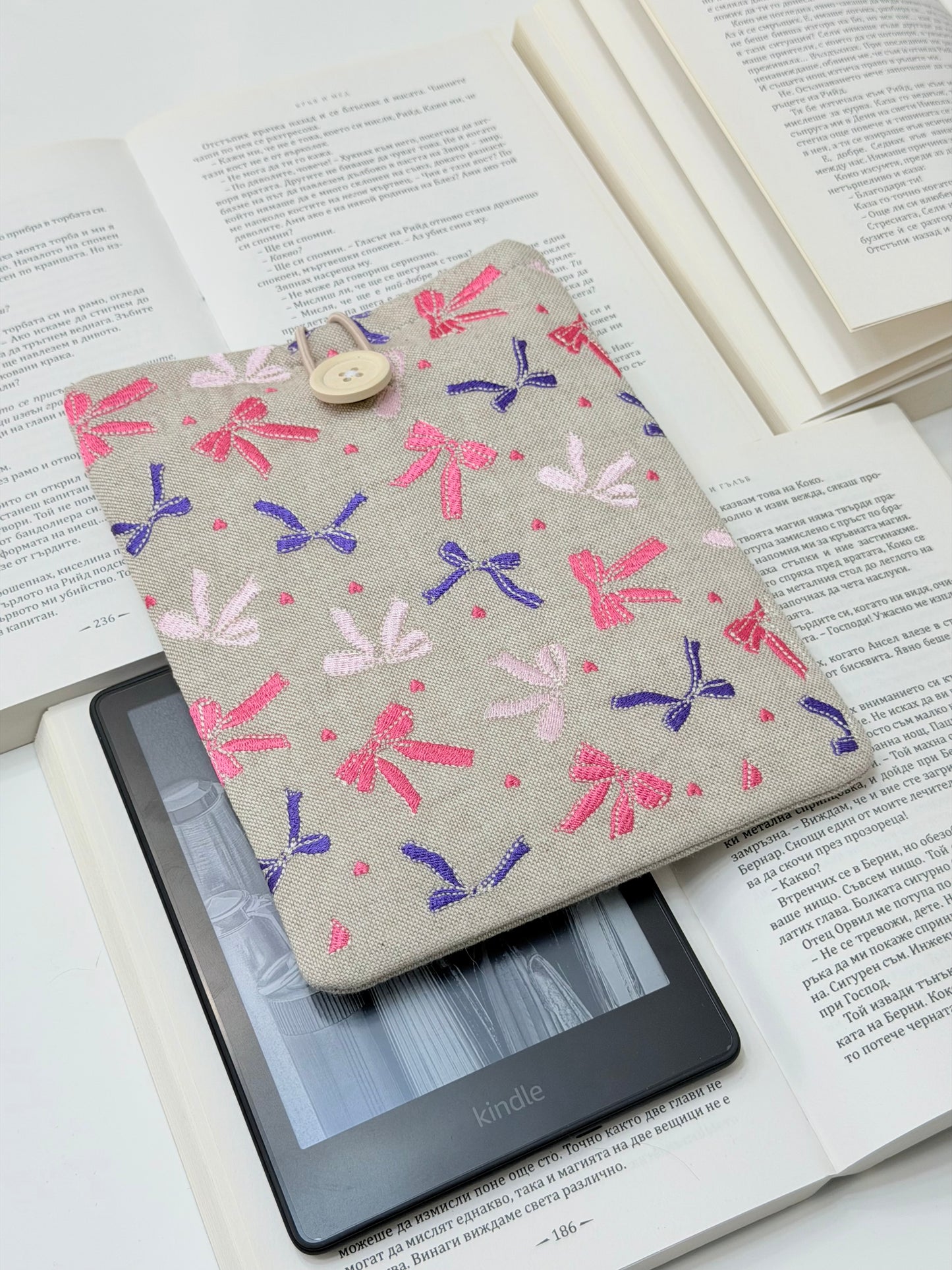 Embroidered Ribbons Kindle Sleeve – Padded Linen E-Reader Cover, Handmade Device Protector by Lullaby Crafts World