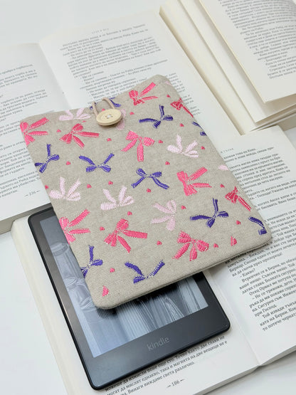 Embroidered Ribbons Kindle Sleeve – Padded Linen E-Reader Cover, Handmade Device Protector by Lullaby Crafts World