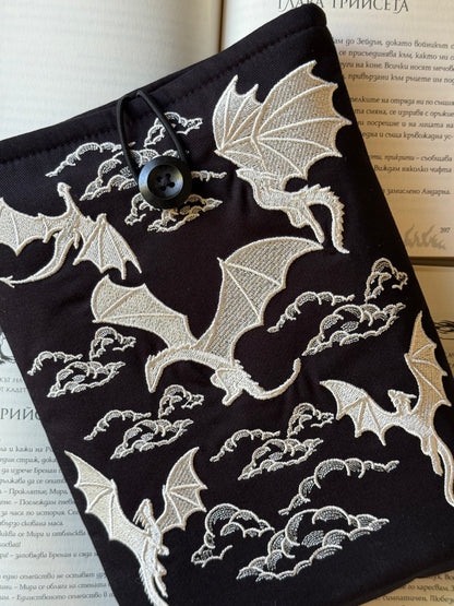 Handmade Gold Embroidery Dragons Book Sleeve – Fantasy Padded Fabric Cover for Books, Kindle & E-Readers