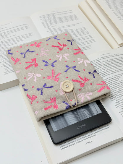Embroidered Ribbons Kindle Sleeve – Padded Linen E-Reader Cover, Handmade Device Protector by Lullaby Crafts World
