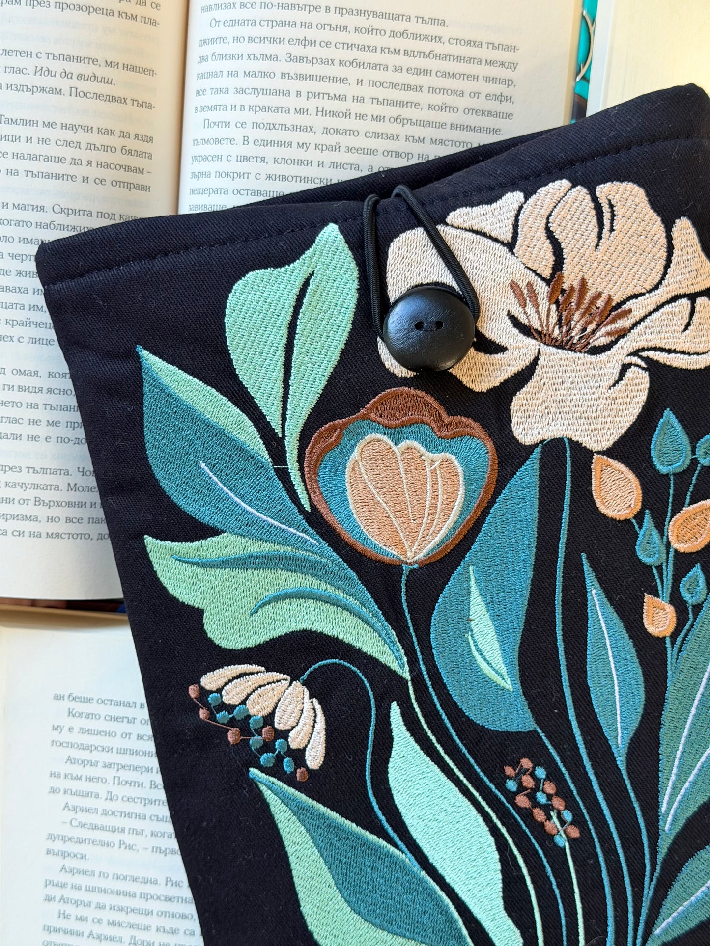 Embroidery Flower Book Sleeve, Handmade Floral Padded Book Protector