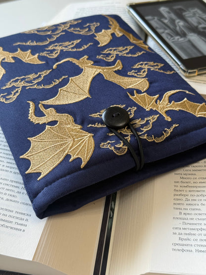 Handmade Embroidery Navy Gold Dragons Kindle Sleeve – Padded E-Reader Cover, Fabric Book Protector