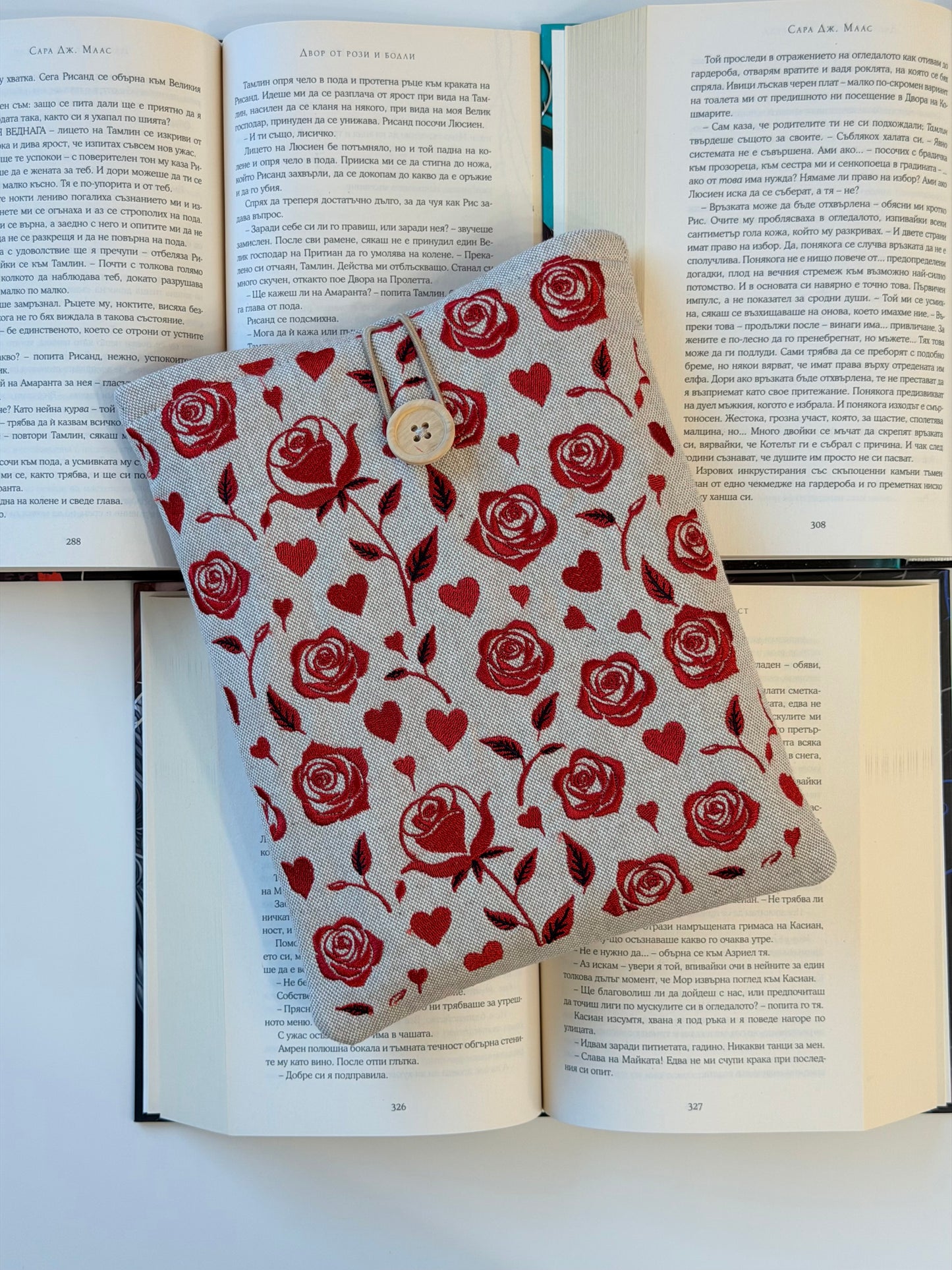 Handmade Embroidery Red Roses Book Sleeve, Fabric Book Protector