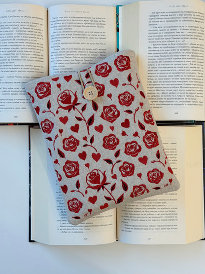 Handmade Embroidery Red Roses Book Sleeve, Fabric Book Protector