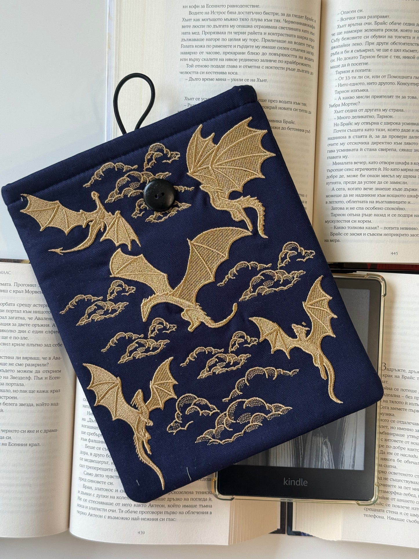 Handmade Embroidery Navy Gold Dragons Kindle Sleeve – Padded E-Reader Cover, Fabric Book Protector